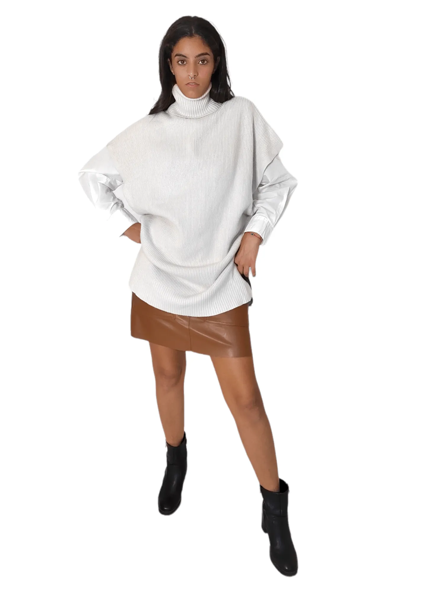 Women "LONG" High Collar Pullover - Light Beige